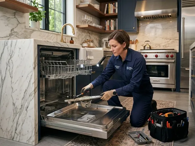 Appliance Repair Hero technician servicing a built-in dishwasher in a Baileyville, IL kitchen