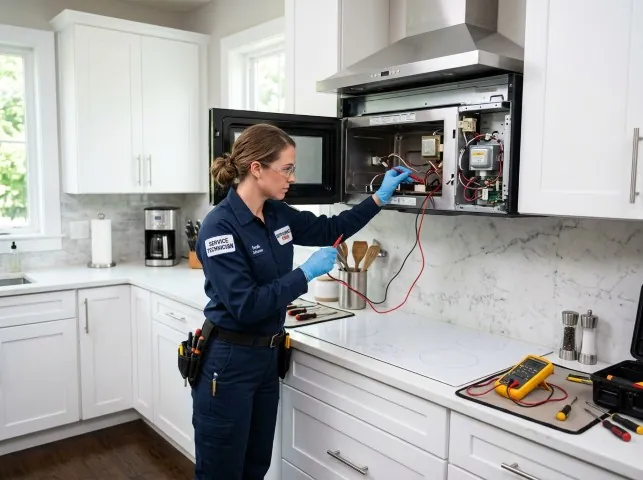Appliance Repair Hero technician testing an over-the-range microwave in a Baileyville, IL kitchen