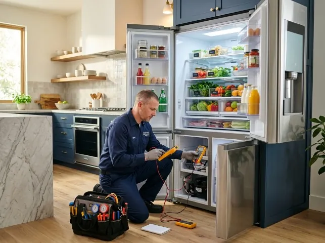 Appliance Repair Hero refrigerator technician testing a fridge on a Baileyville, IL service call